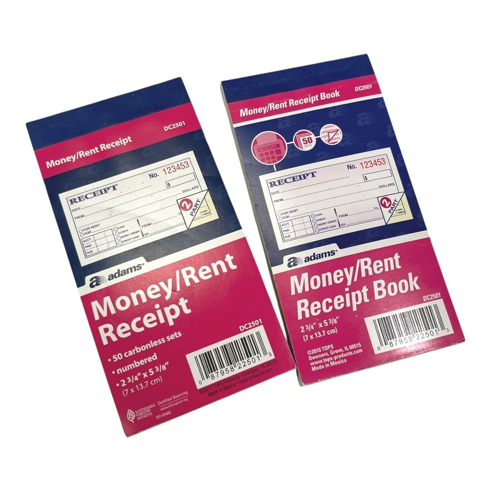 Adams 2.75x5.375 Pink Money Rent Receipt Book 2-Part Carbonless Numbered DC2501